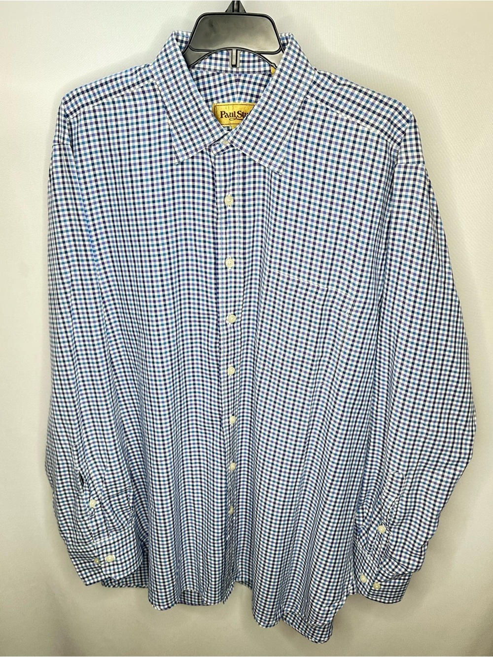 Classic Paul Stuart Men’s 17-35 Gingham Check Dress Shirt – Blue & White